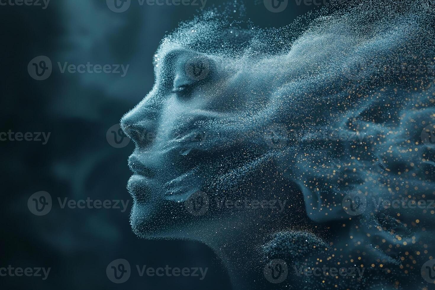 A serene female figure emerging from a cloud of particles, creating an ethereal and dreamlike effect. photo