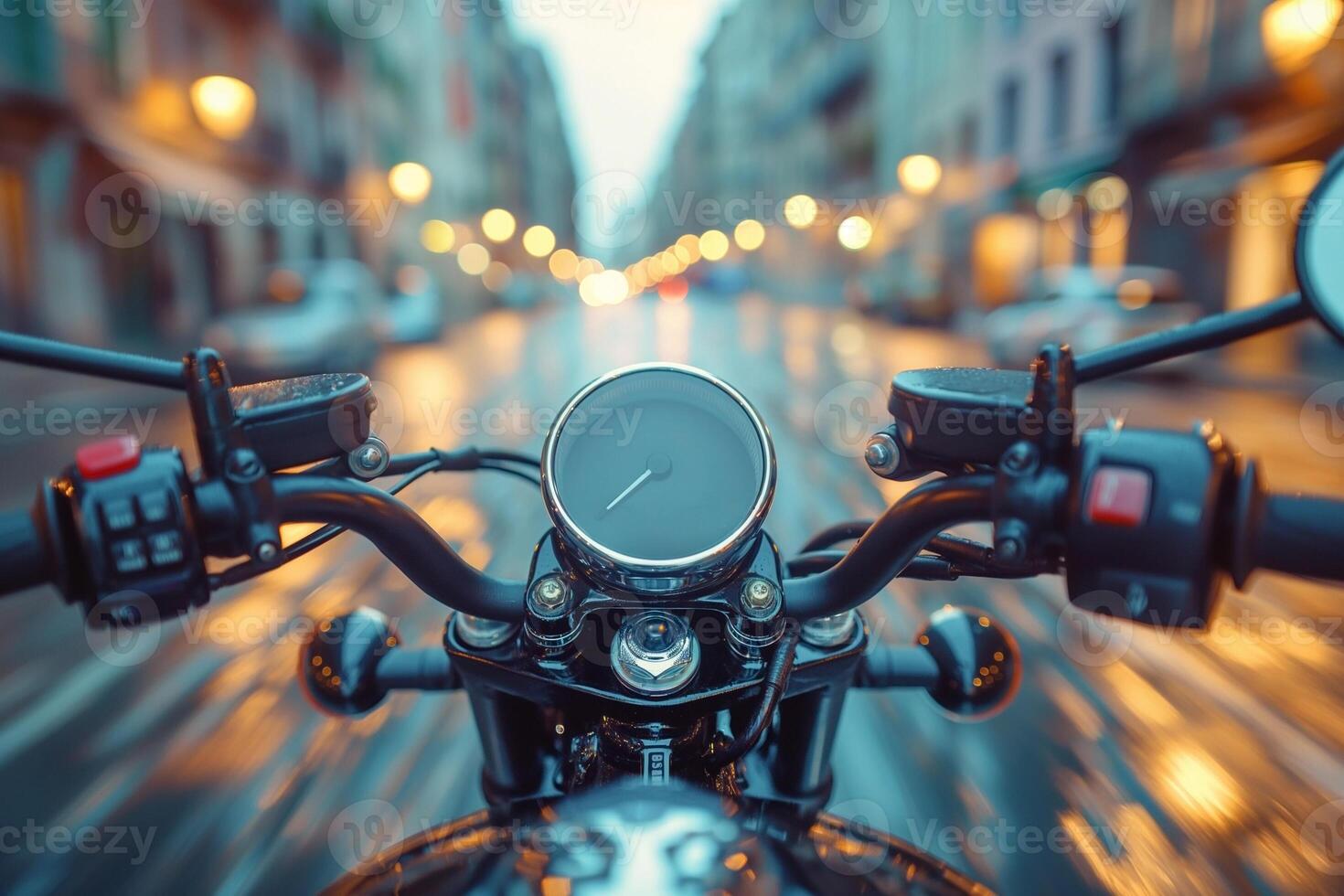 Close-up of a motorcycle handlebar with a blurred city backdrop, reflecting a vibrant urban atmosphere. photo