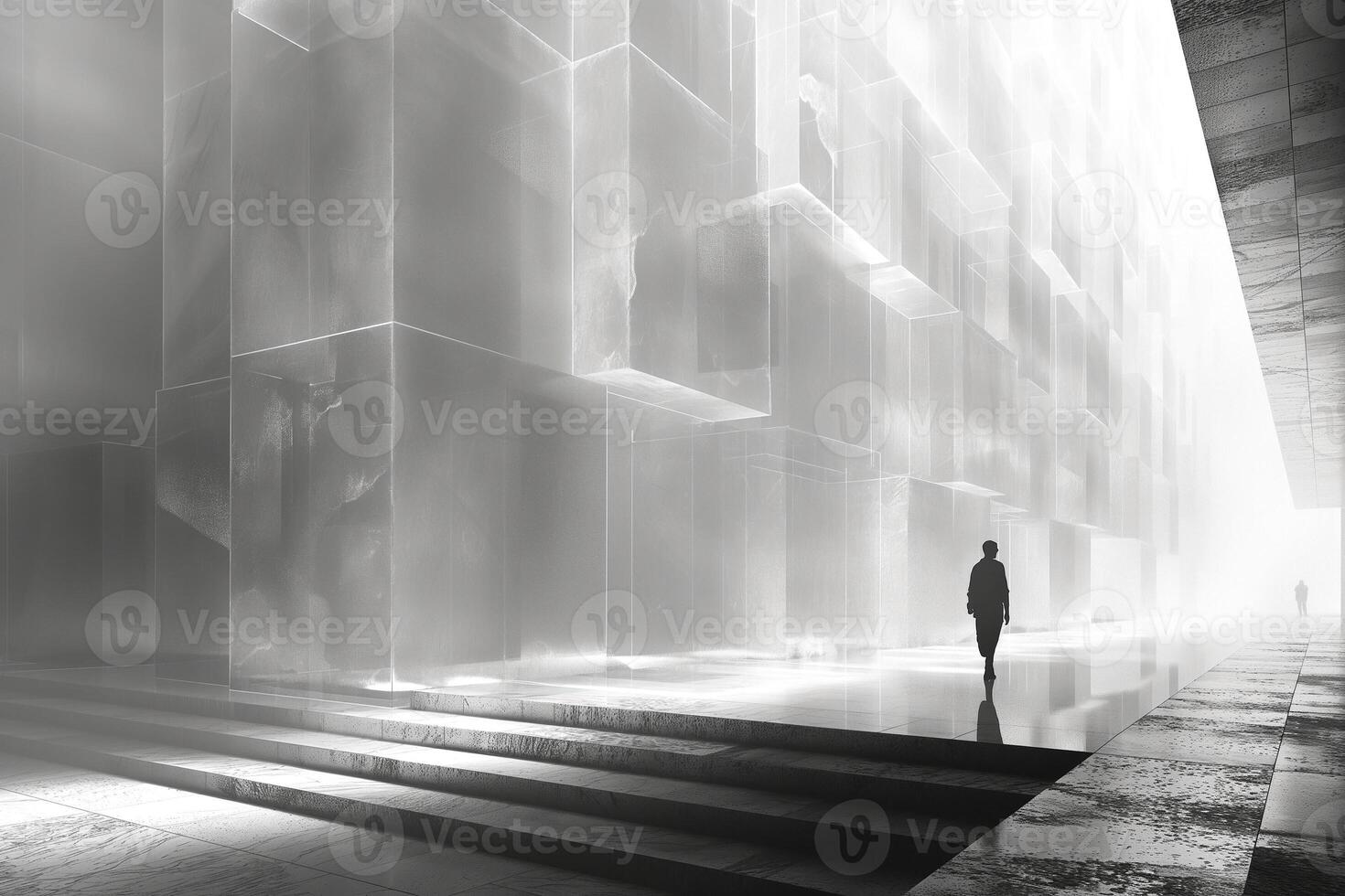 A lone figure walks through a minimalist, foggy corridor of glass structures, reflecting light and creating a sense of mystery. photo