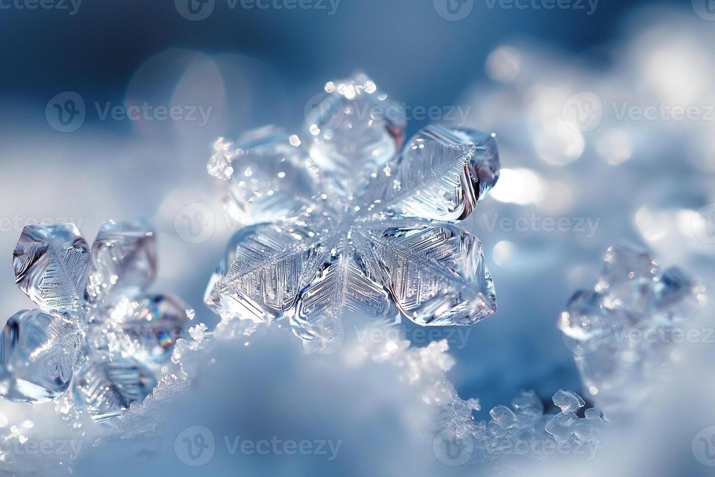 Close-up view of delicate ice crystals shimmering in soft light, showcasing intricate snowflake patterns. photo
