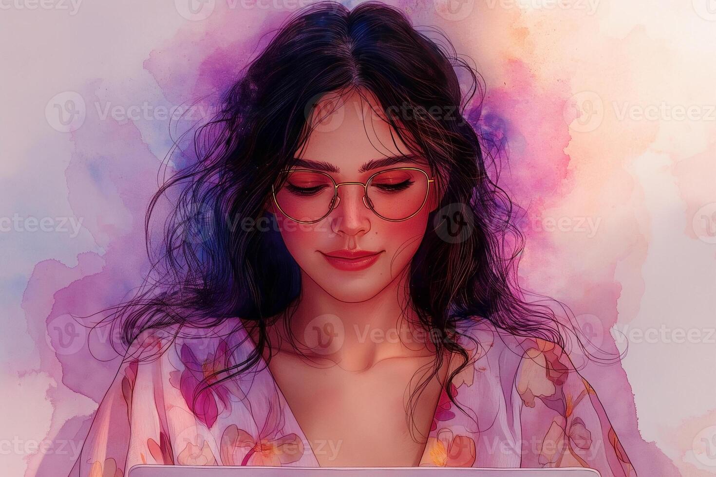 A young South Asian woman with long dark hair wearing pink glasses, focused on her laptop against a vibrant watercolor background. photo