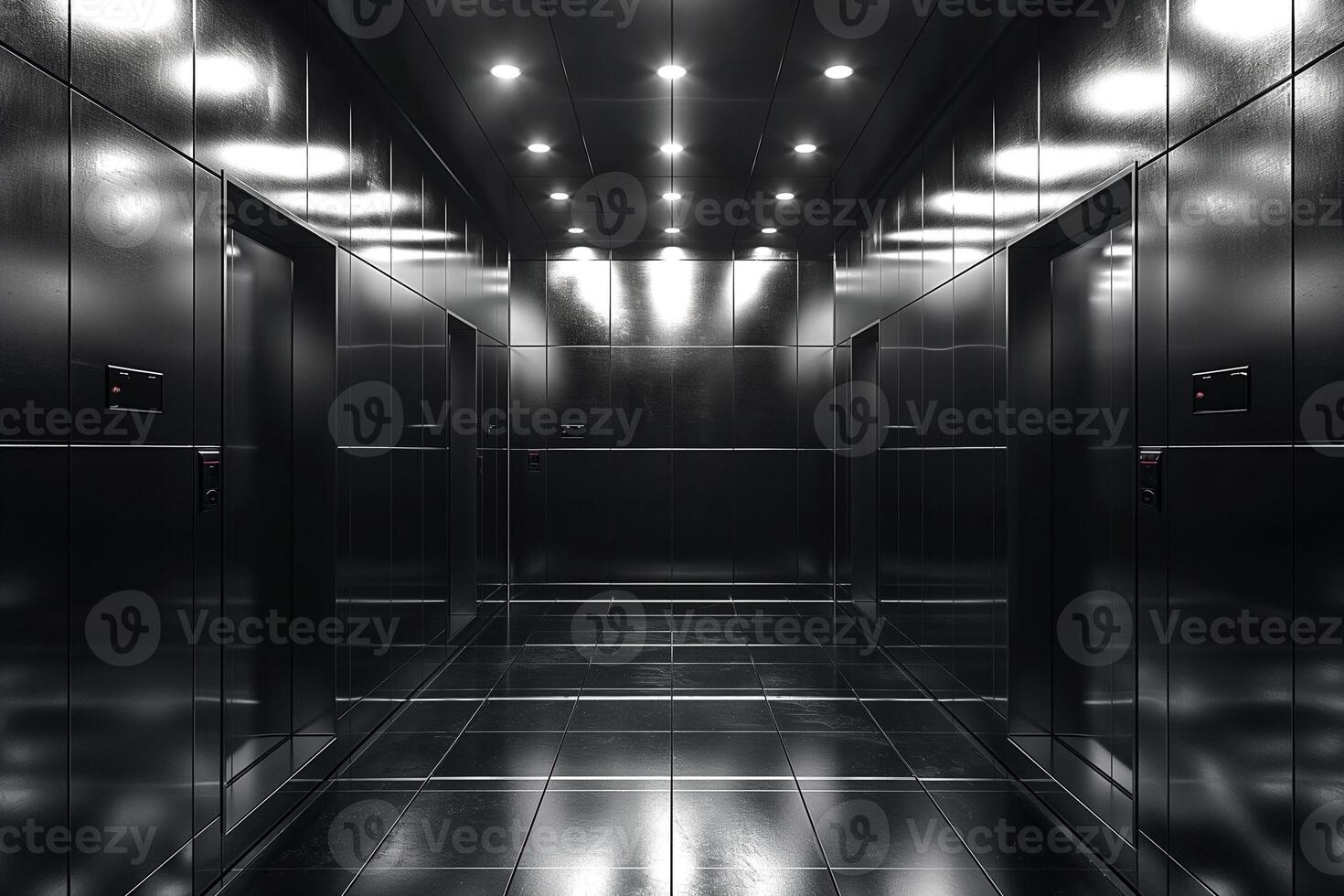 A sleek, modern elevator lobby featuring black tile and bright overhead lighting. photo