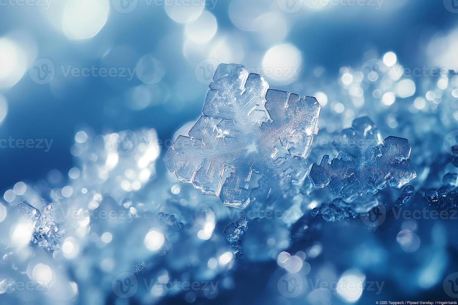 A stunning close-up of a snowflake resting on icy blue crystals, showcasing intricate patterns and delicate beauty. photo