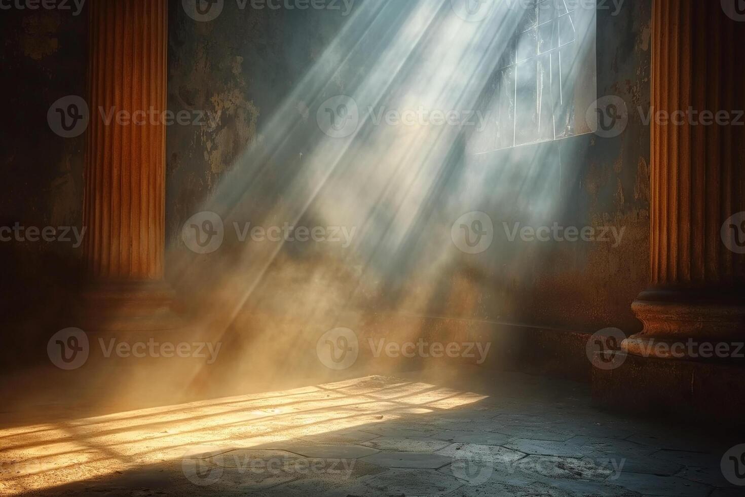 Golden rays of sunlight pour through a dusty window in an abandoned room, creating a serene atmosphere. photo