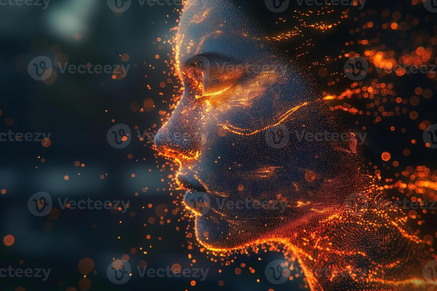 A serene portrait of a woman with flowing light patterns, creating an ethereal, fiery effect on her face. photo