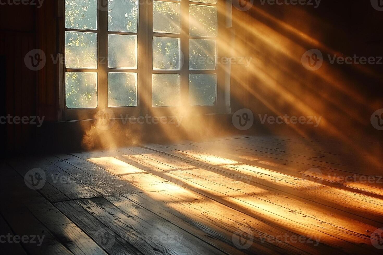 A sunlit room with beams of warm light streaming through a dusty window, creating a serene atmosphere. photo