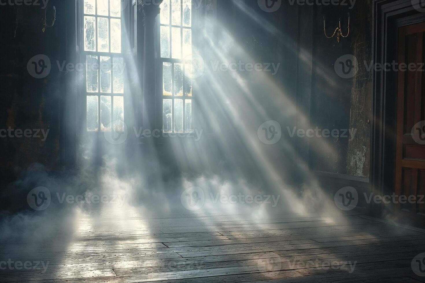 Mysterious, ethereal rays of light stream through foggy windows in an abandoned room, creating a haunting atmosphere. photo