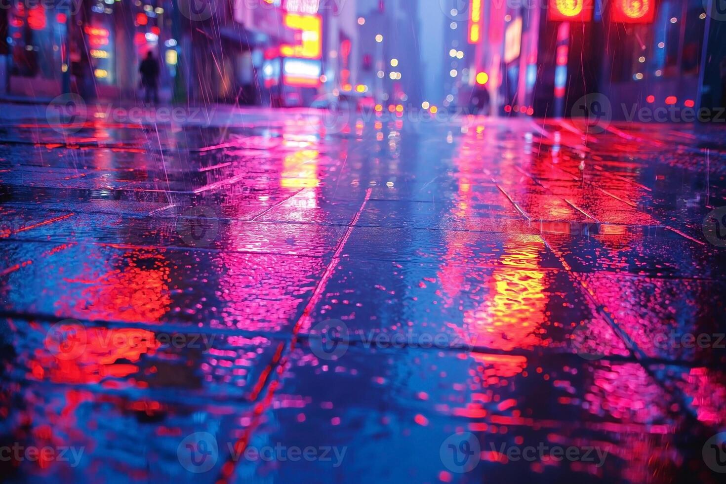 A rainy city street reflecting vibrant neon lights, creating a mesmerizing colorscape. photo