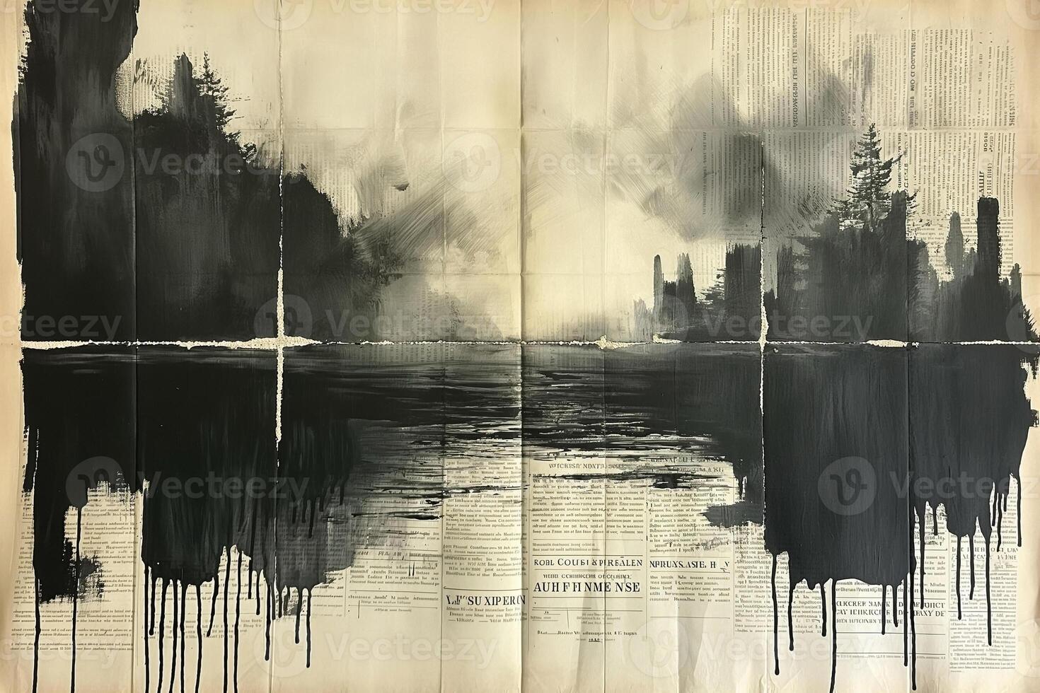 A captivating black and white abstract painting with dramatic ink drips, depicting a mysterious landscape and layers of text. photo