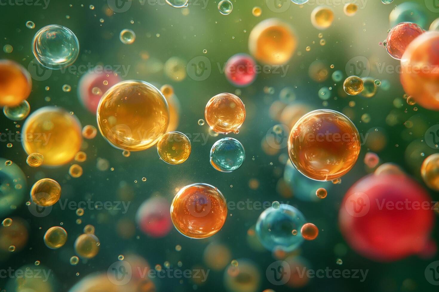 Colorful, floating bubbles illuminated by soft light, creating a mesmerizing effect in a dreamy, abstract background. photo