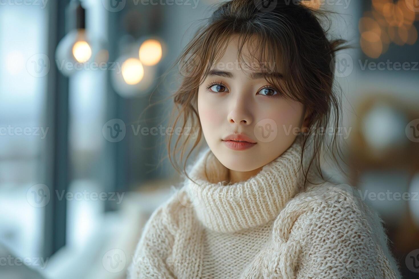 A young Asian woman with soft features gazes thoughtfully while wearing a cozy ivory sweater in a softly lit room. photo