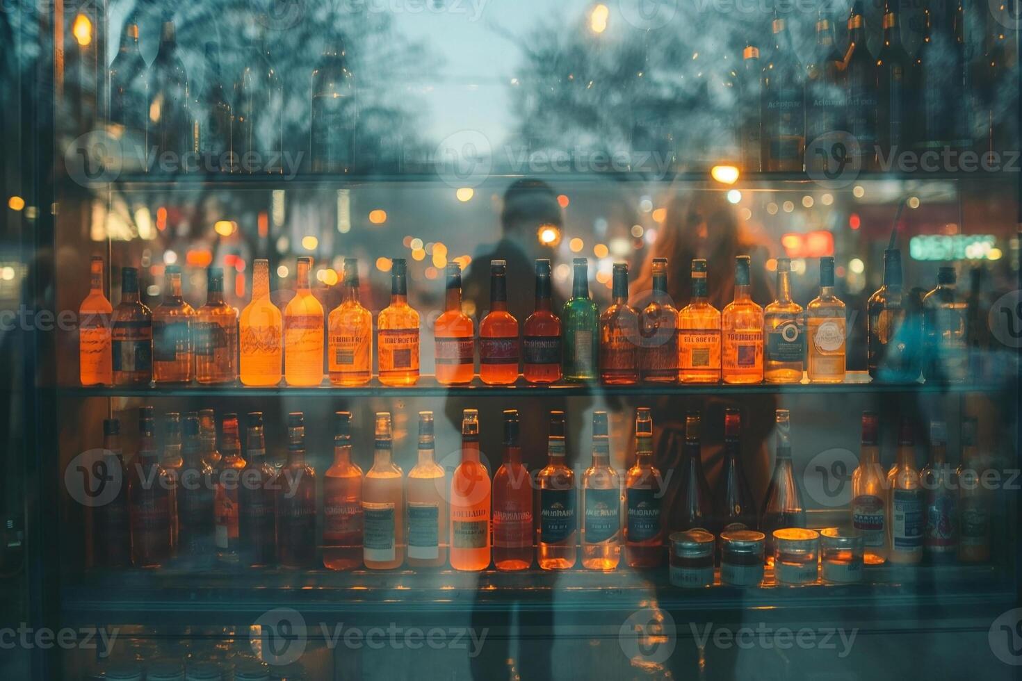 A variety of colorful bottles reflecting the evening lights, creating a warm and inviting atmosphere. photo
