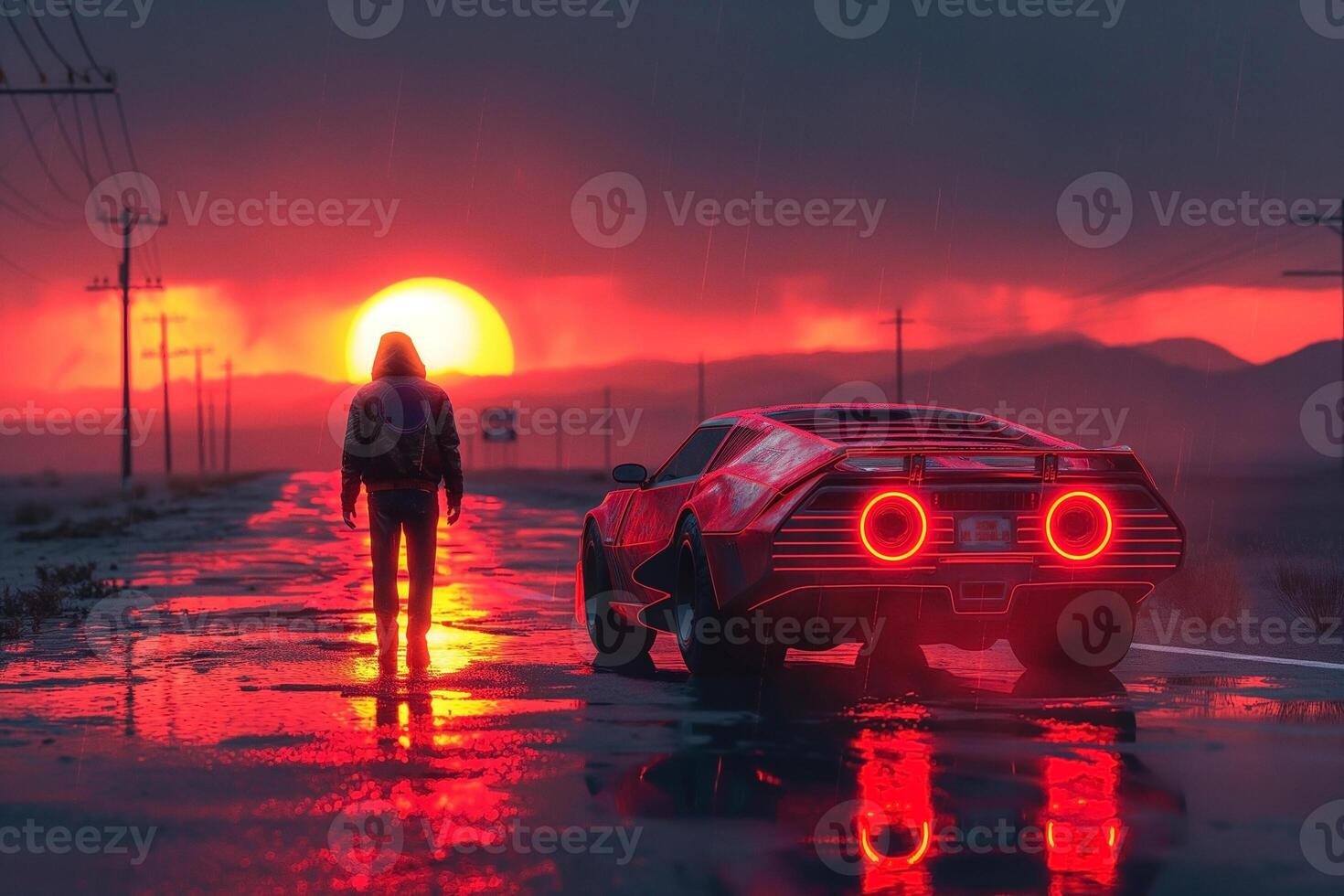 A hooded figure stands by a futuristic car at sunset, with vivid reflections on the wet road, creating a dramatic, moody scene. photo