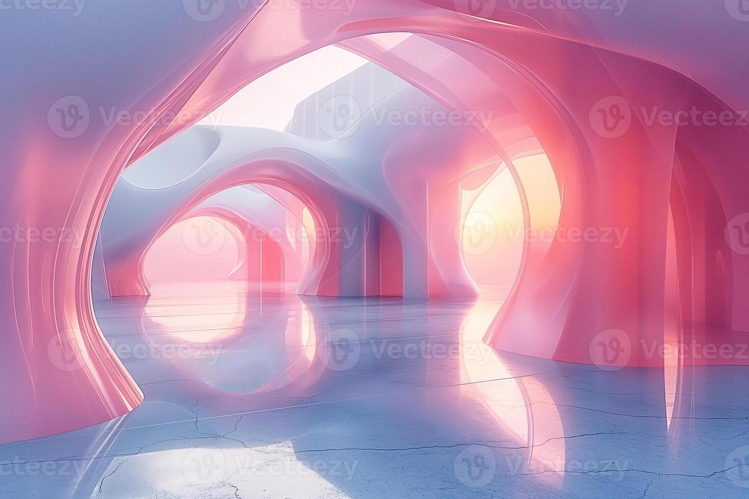 Futuristic architectural interior with soft pink and white forms, reflecting light and creating a serene atmosphere. photo