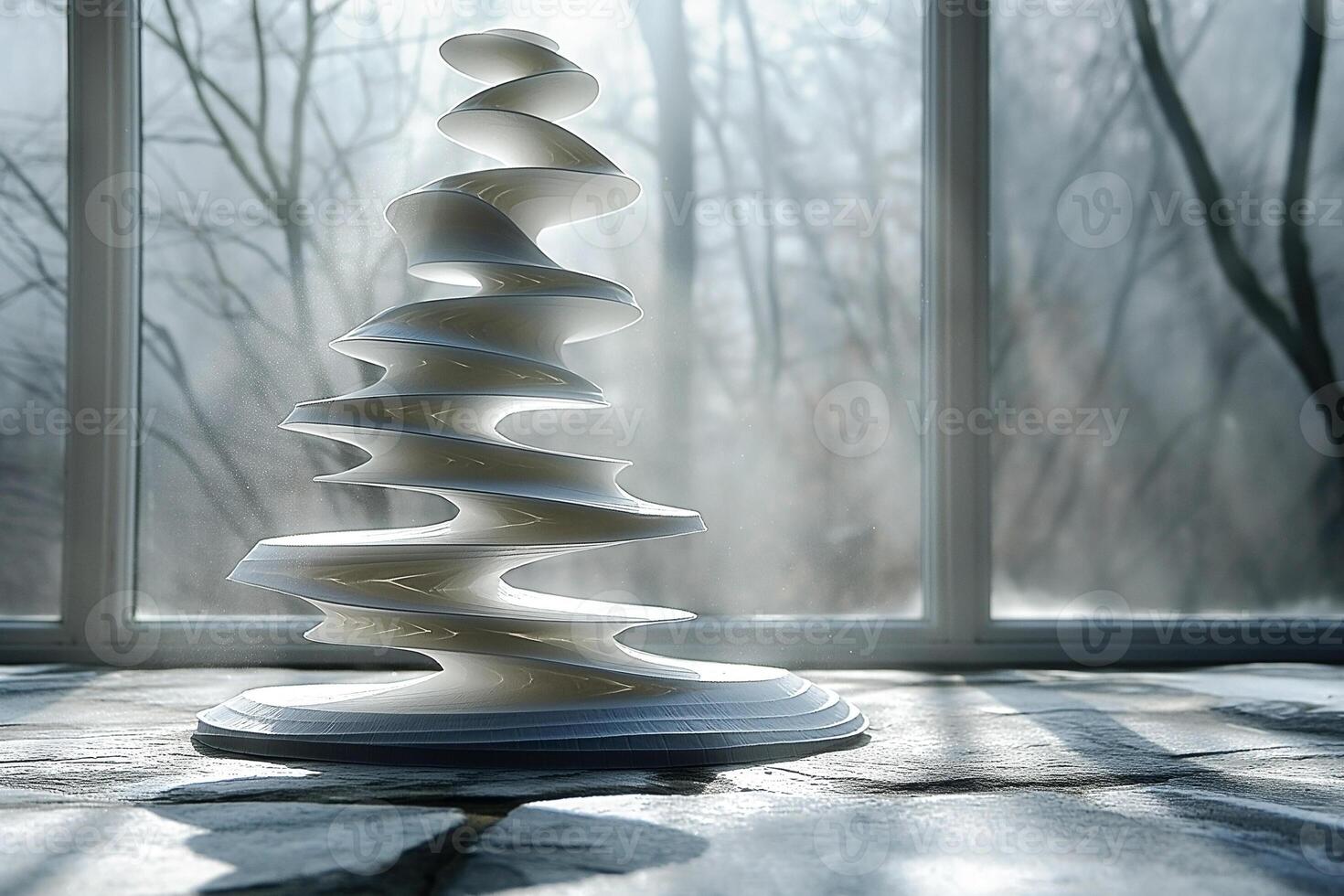 Abstract white sculpture resembling a Christmas tree, set against a misty, tranquil background of bare trees. photo