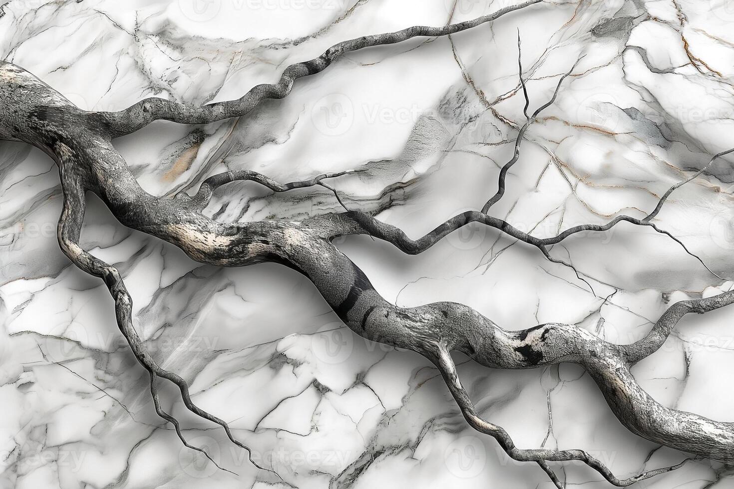 A striking blend of nature and design featuring a gnarled branch against a polished marble surface. photo