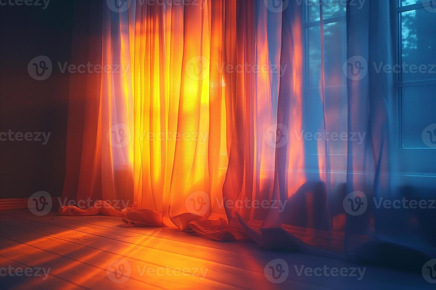 Soft sunlight filters through sheer curtains, casting a warm glow in a tranquil room. photo