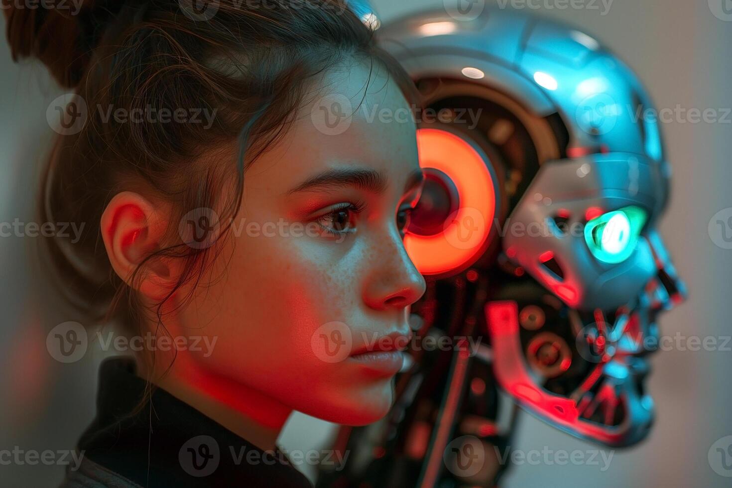 A young girl gazes thoughtfully at a futuristic robot, illuminated by vibrant red and blue lights, embodying curiosity and innovation. photo