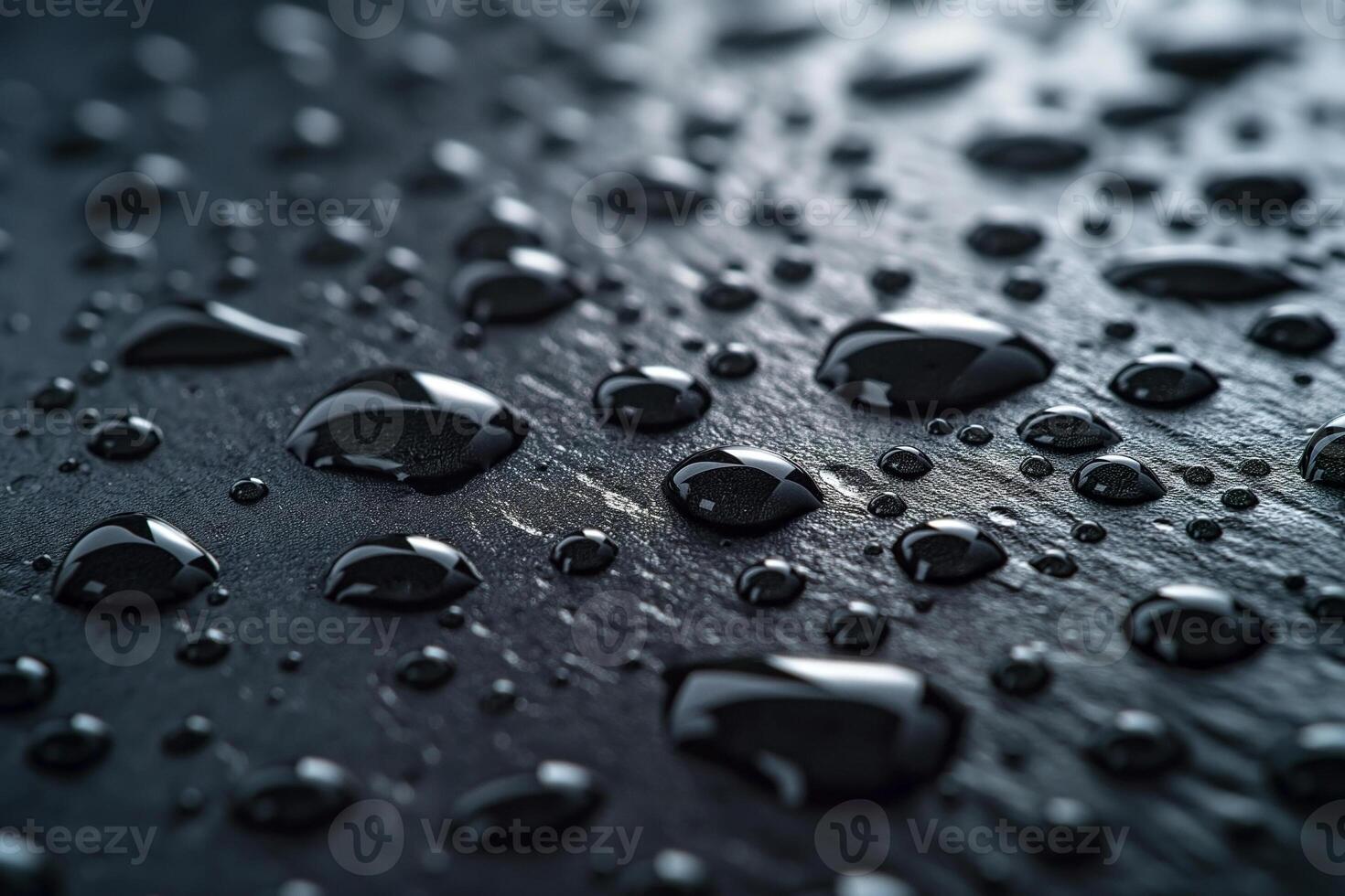 Close-up of shimmering water droplets on a dark, textured surface, creating a sense of depth and tranquility. photo