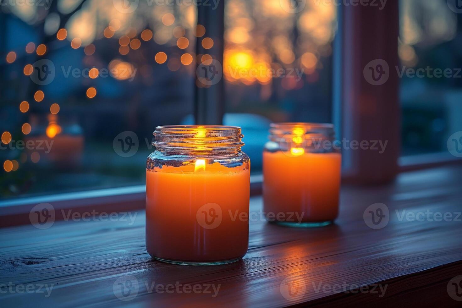 Twilight glow from vibrant candlelight illuminating a cozy window setting. photo