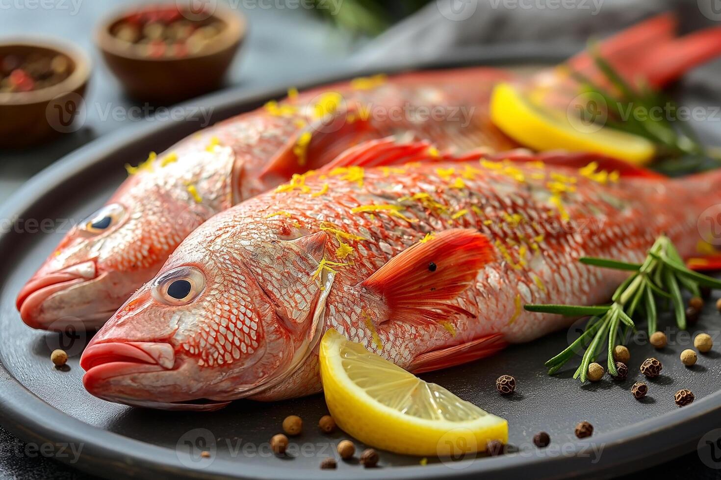 Freshly caught red snapper fish garnished with herbs and lemon slices on a dark platter. photo