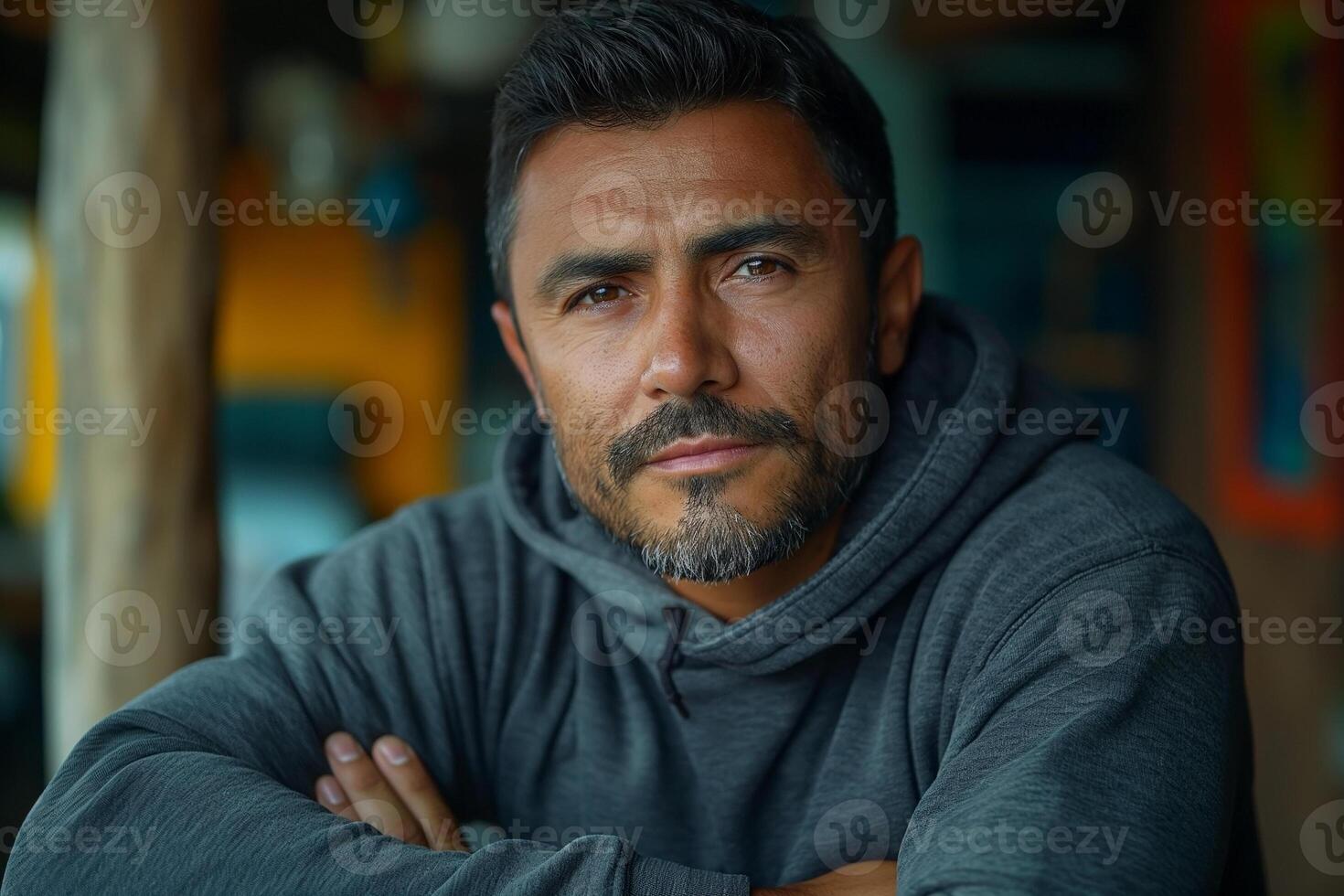 A contemplative Hispanic man in a gray hoodie gazes thoughtfully at the camera, embodying a mood of reflection and introspection. photo