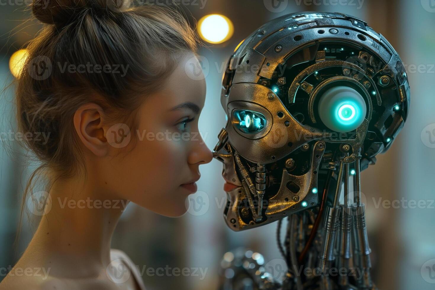 A young woman gazes intently at a humanoid robot, highlighting the blend of human and technology. photo