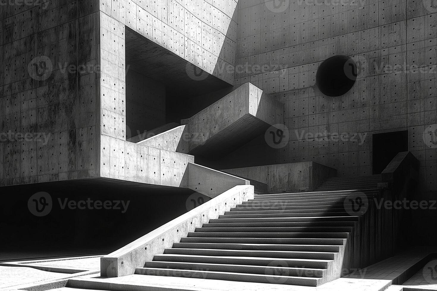 An abstract architectural structure featuring stark concrete textures and geometric forms. photo