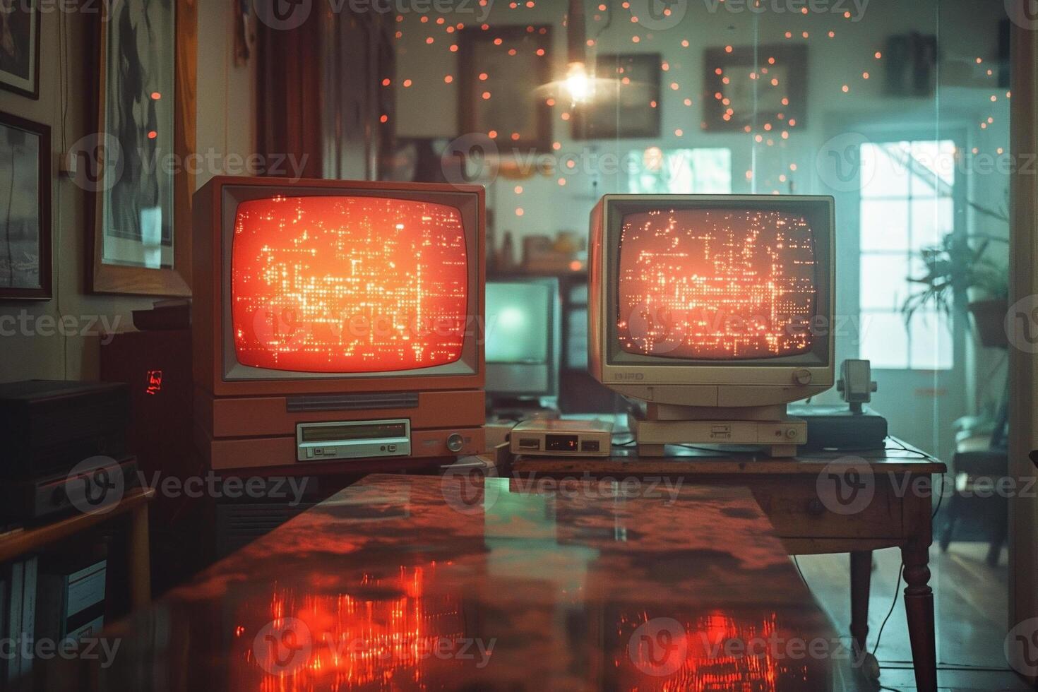 Two retro computers with glowing screens in a cozy, warmly lit room. photo