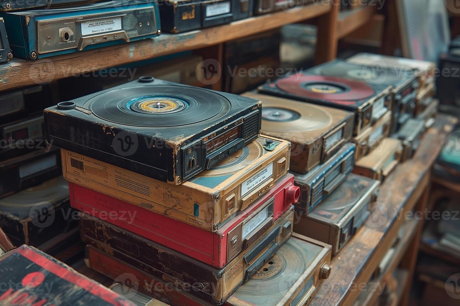 Vintage cassette players stacked in a retro storage space, showcasing a nostalgic blend of colors and textures. photo