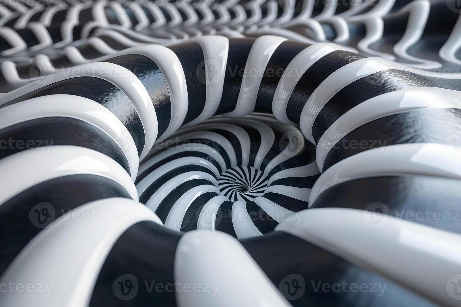 A mesmerizing close-up of a spiraling black and white pattern, evoking a 3D vortex illusion. photo