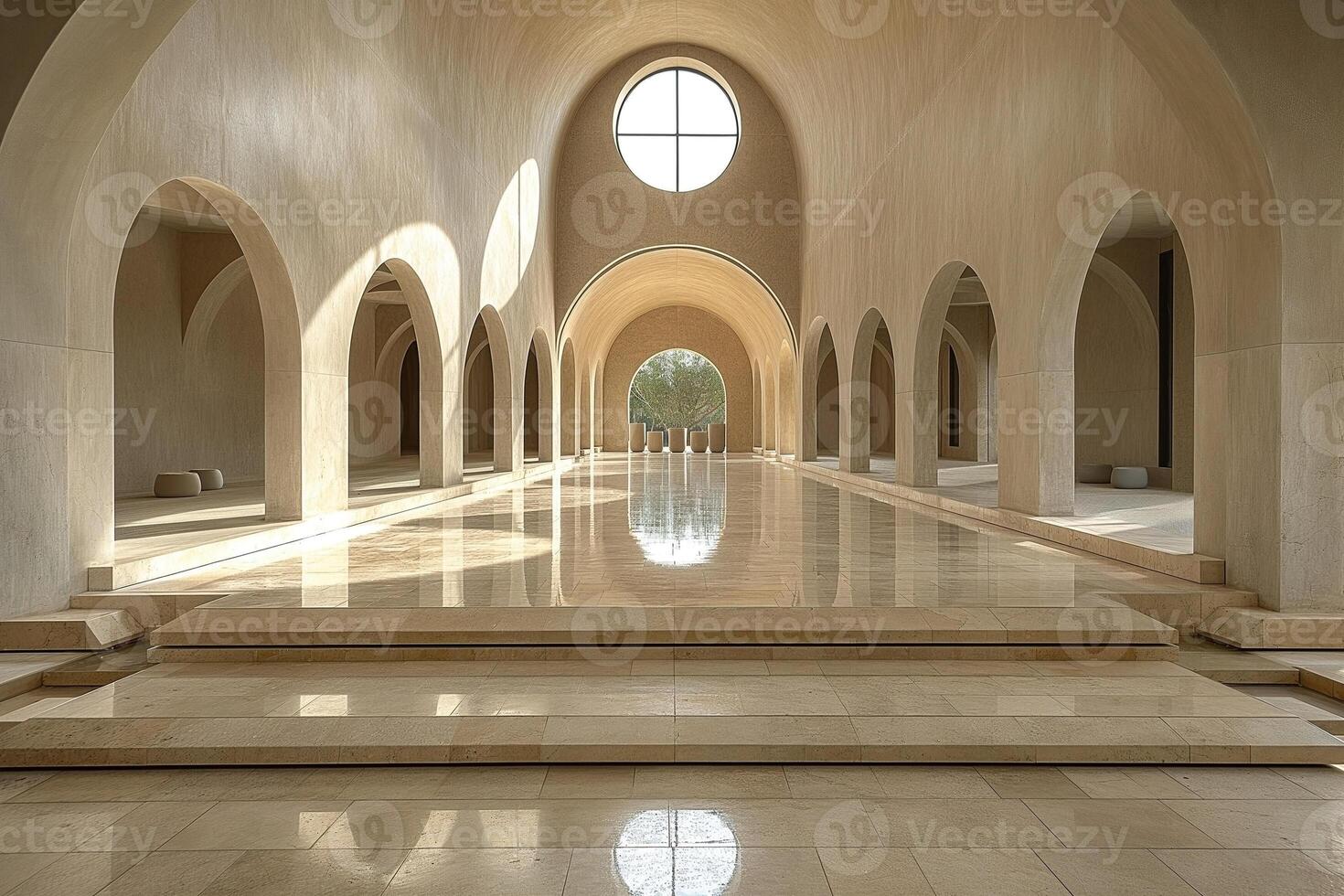 Serene architectural interior with soft lighting and elegant arches creating a peaceful atmosphere. photo