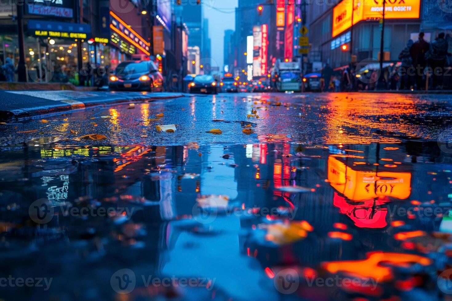 A vibrant street scene after rain, showcasing reflections of neon lights and falling leaves. photo