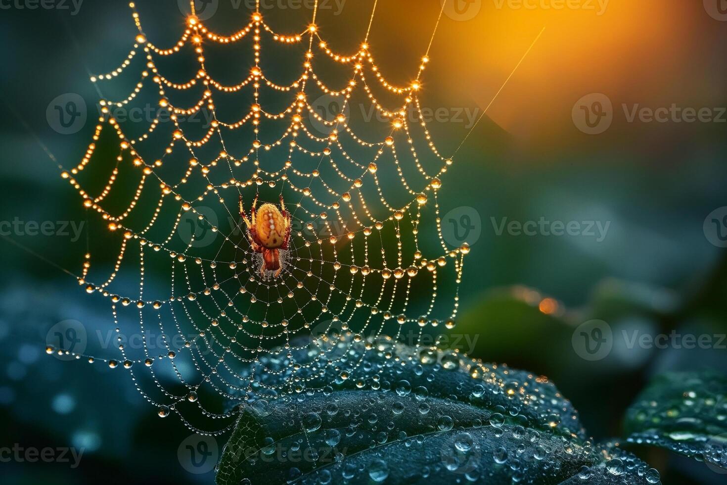 A close-up of a spider weaving its intricate web adorned with dewdrops, creating a mesmerizing display at dawn. photo