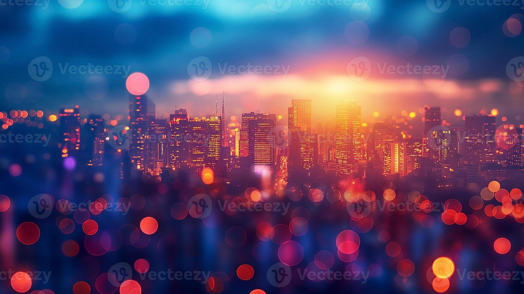 A stunning twilight cityscape featuring vibrant skyscrapers with a warm glow, creating a magical urban atmosphere. photo
