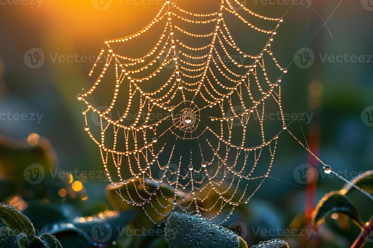 A close-up of a spider web adorned with dew drops, glistening in the warm morning light. photo