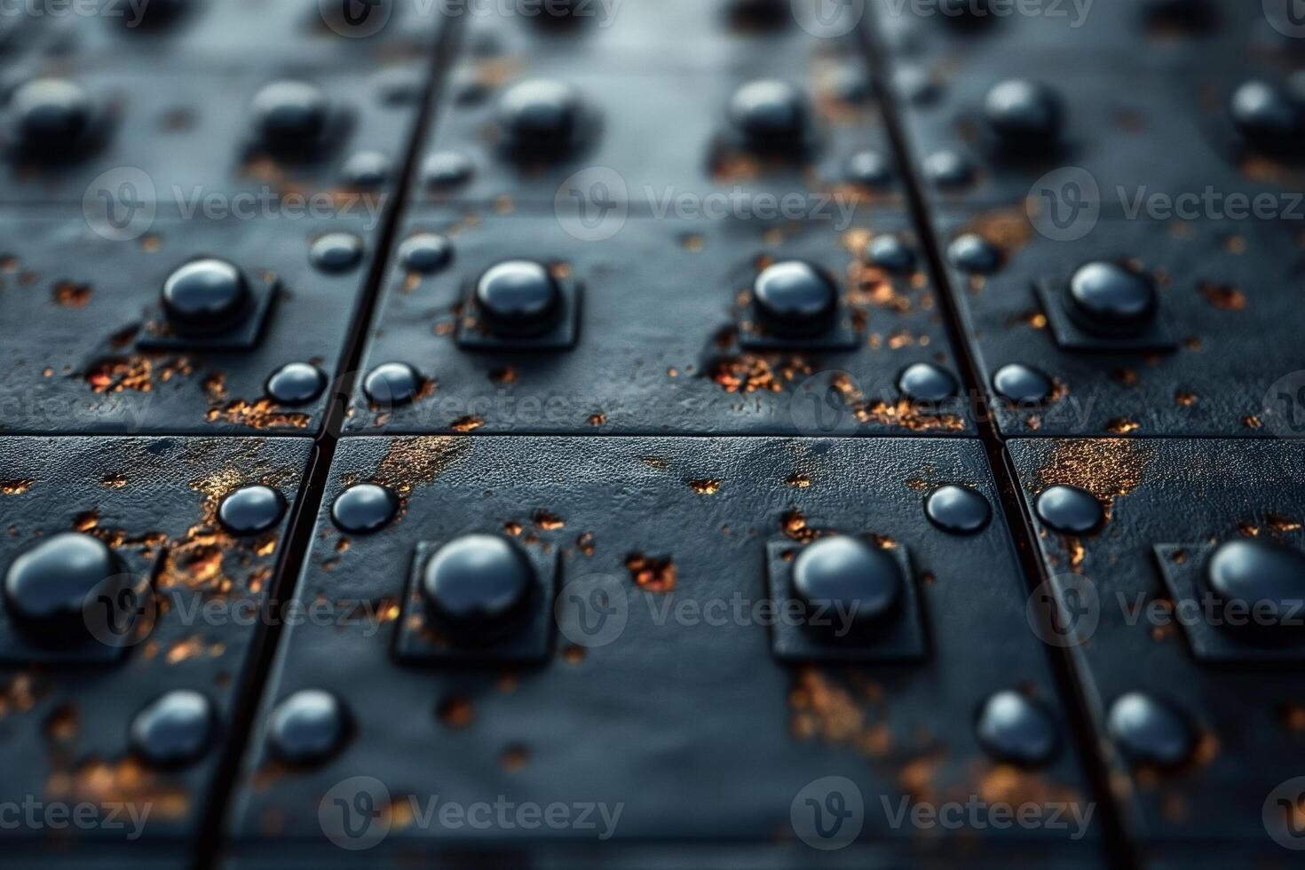Close-up of a textured metallic surface with rusted spots and glossy beads, evoking industrial aesthetics. photo