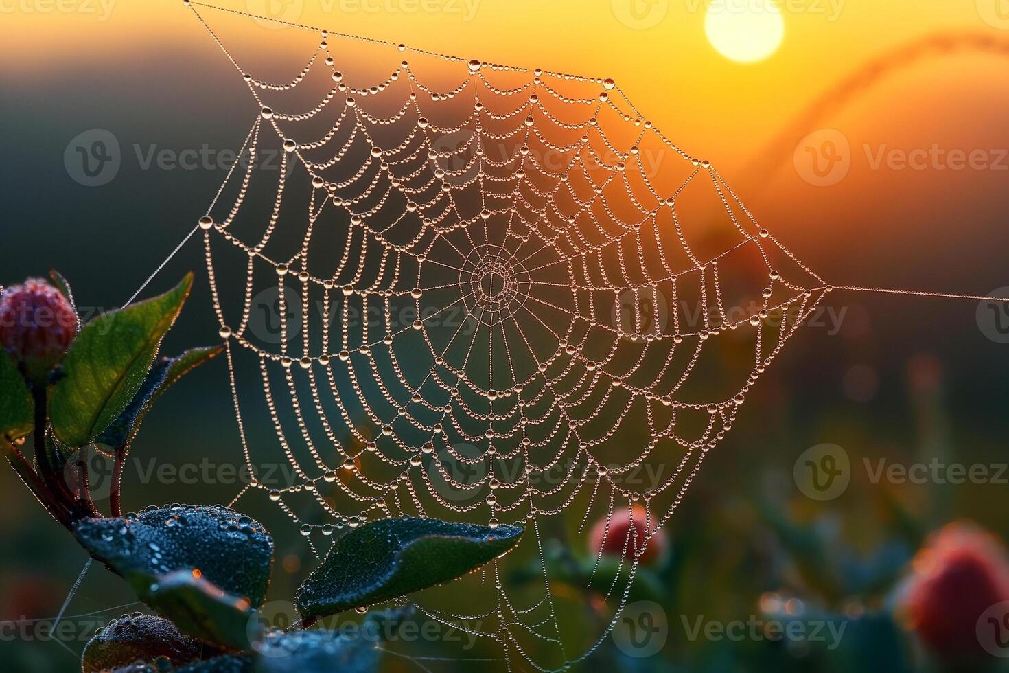 A delicate spider web adorned with dew drops, beautifully illuminated by the warm colors of sunrise. photo