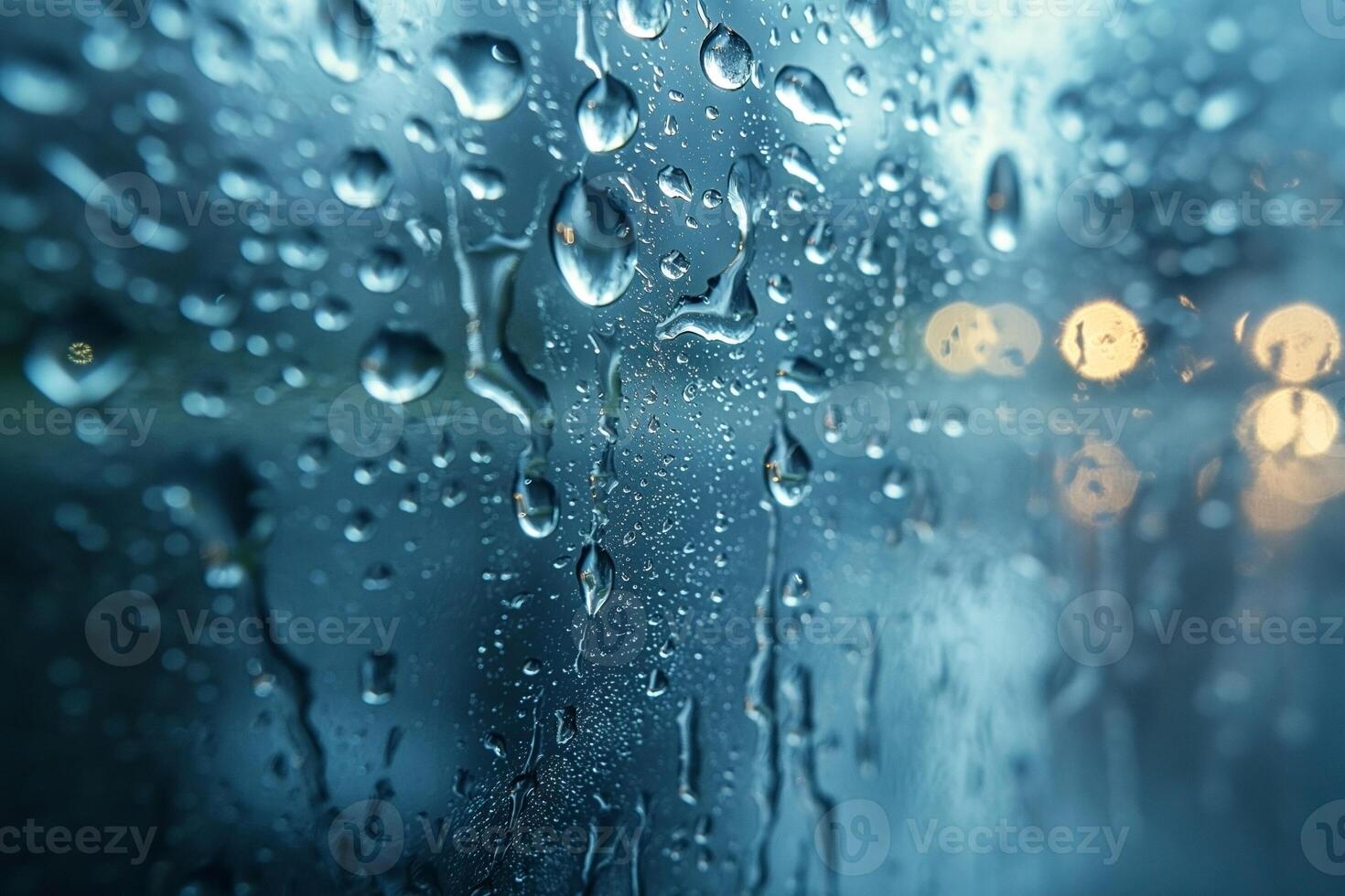 Close-up of raindrops on a window, creating a soothing, blurred effect with soft, glowing lights in the background. photo