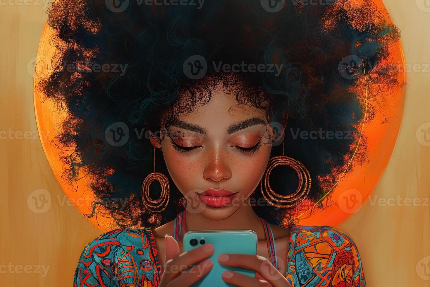 Young Black woman with an afro hairstyle, focused on her smartphone, surrounded by warm colors that create a vibrant atmosphere. photo