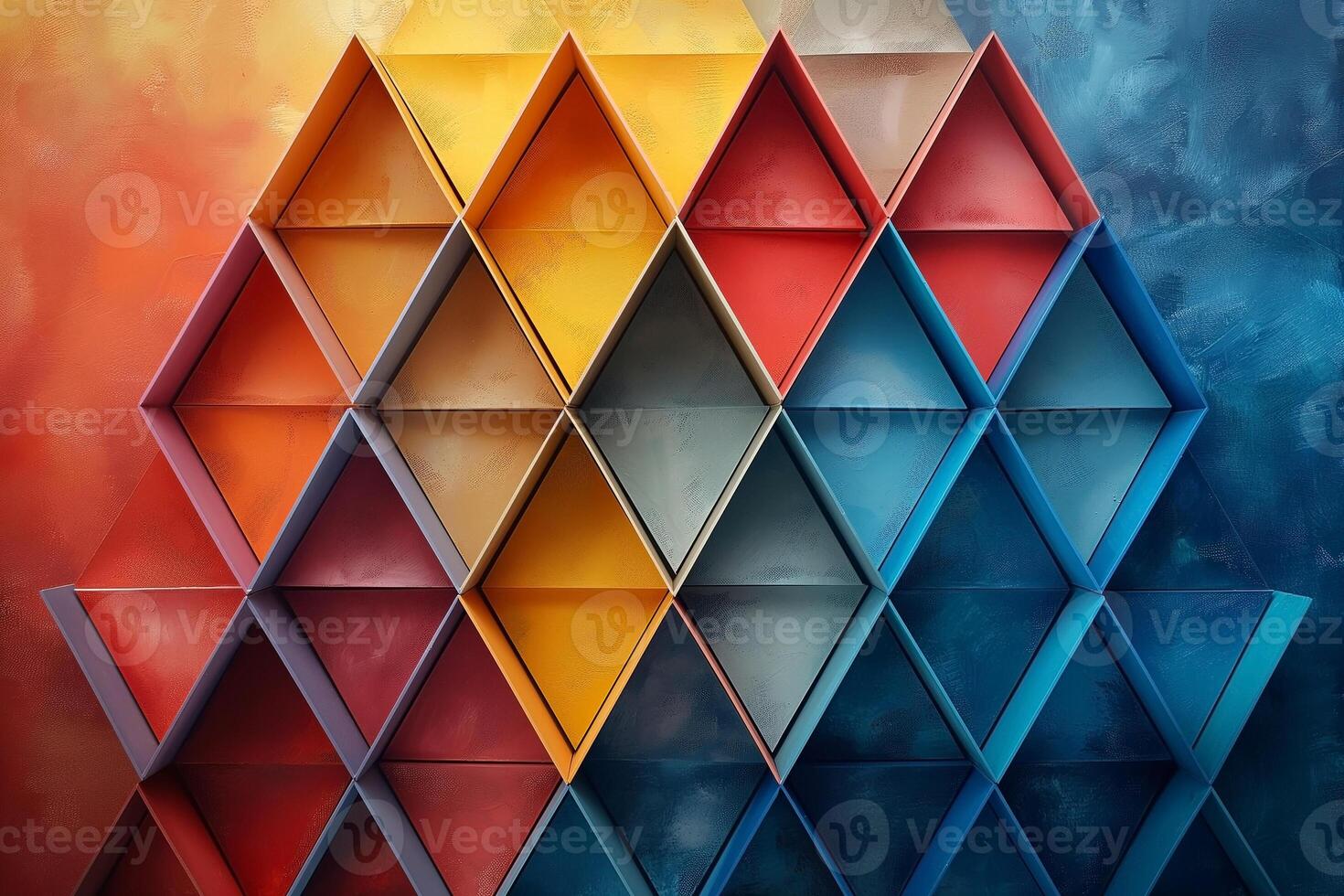 Colorful geometric design with triangular shelves in shades of orange, yellow, red, and blue, creating a vibrant and modern aesthetic. photo