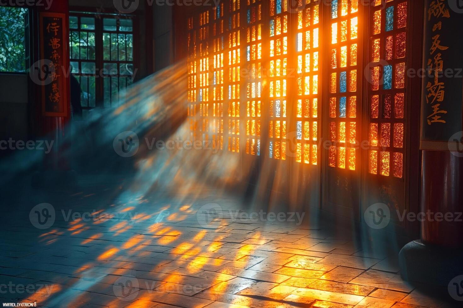 Golden sunlight illuminates a serene room, casting ethereal beams through stained glass windows. photo