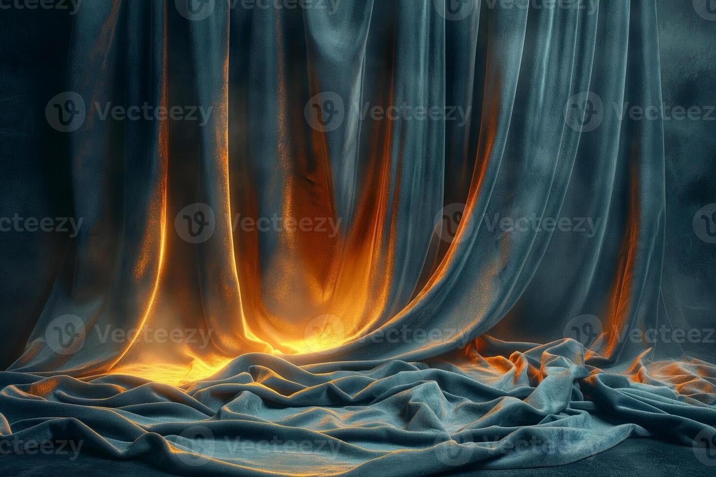 A flowing curtain of soft blue fabric accented by a warm, glowing light from below, creating a dramatic and ethereal atmosphere. photo
