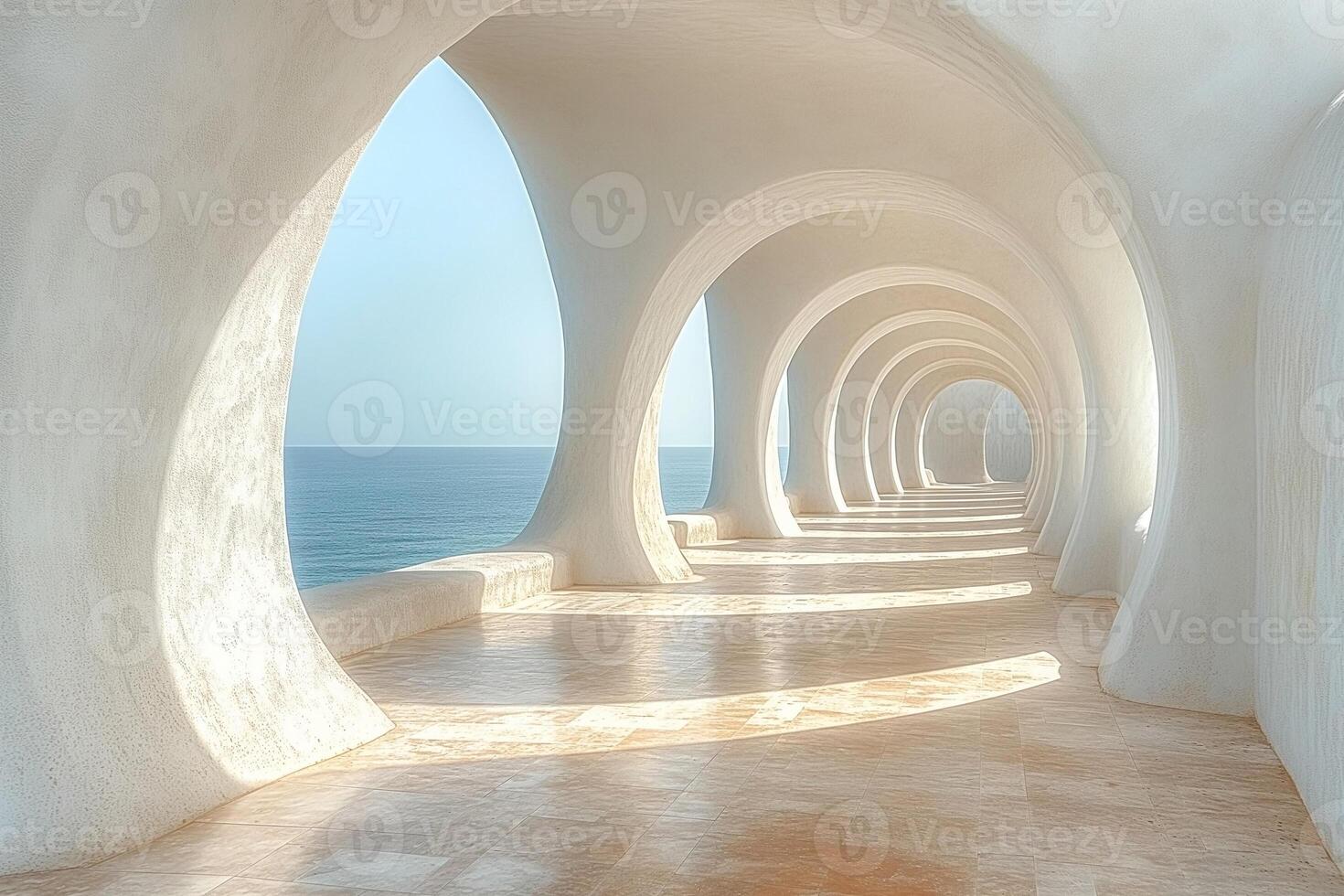 Stunning coastal architecture featuring a series of white arches that frame a serene ocean view. photo