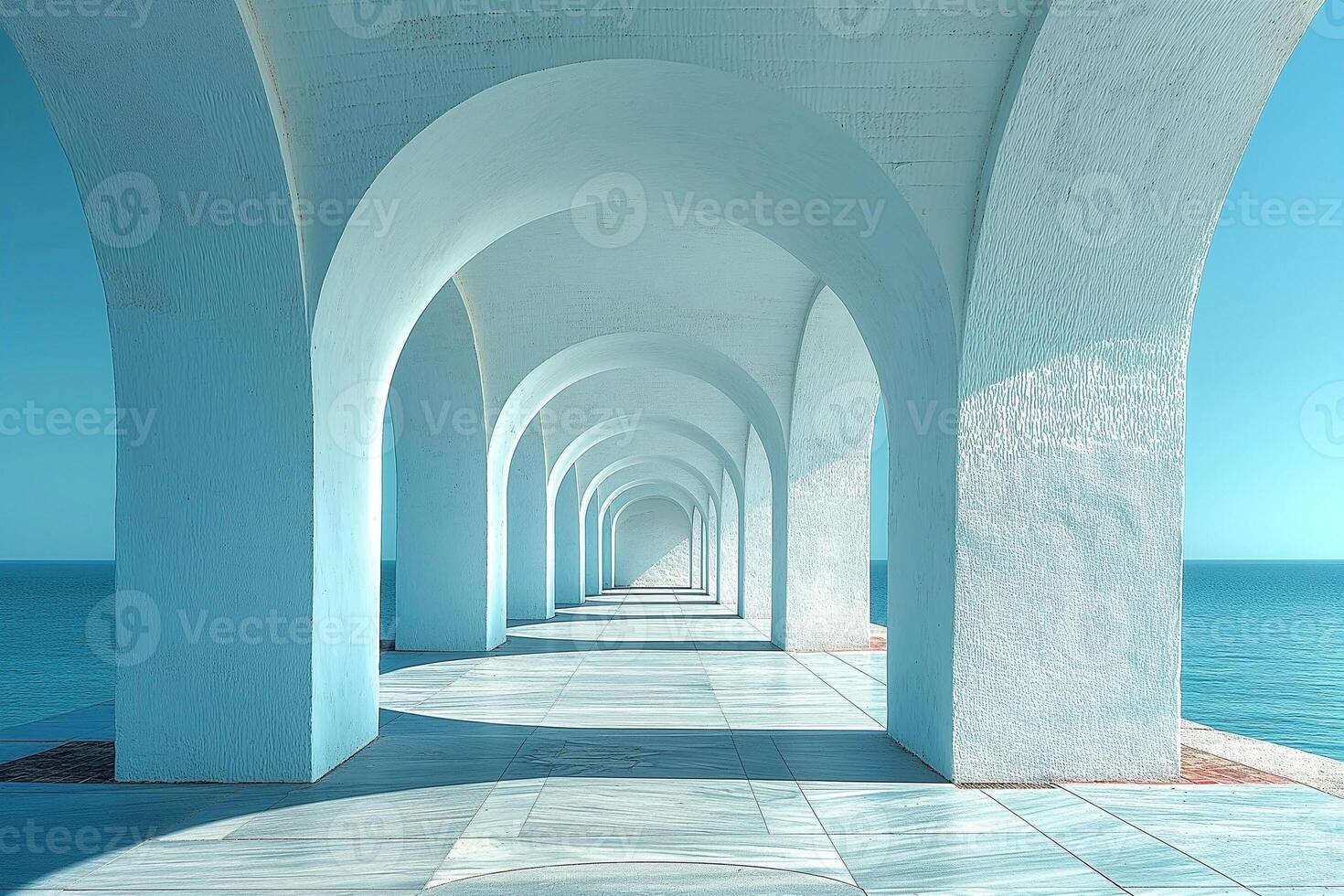 A serene view of a coastal archway with turquoise hues and clean lines, creating a calming atmosphere. photo