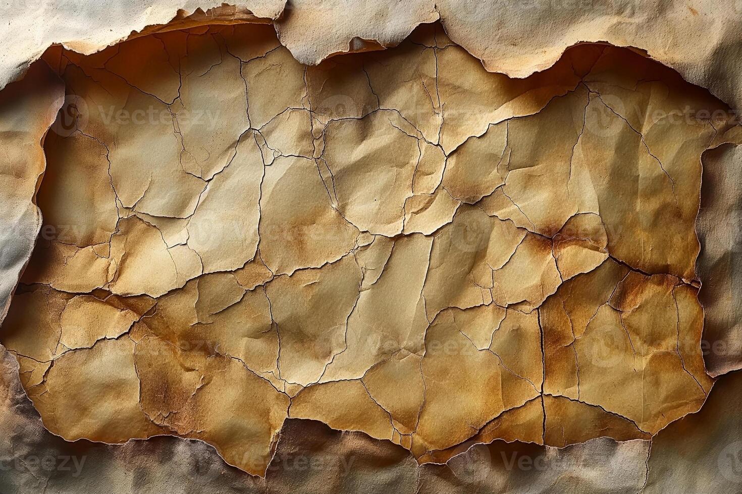 Aged, crinkled parchment with intricate cracks and warm tones, evoking a sense of history. photo