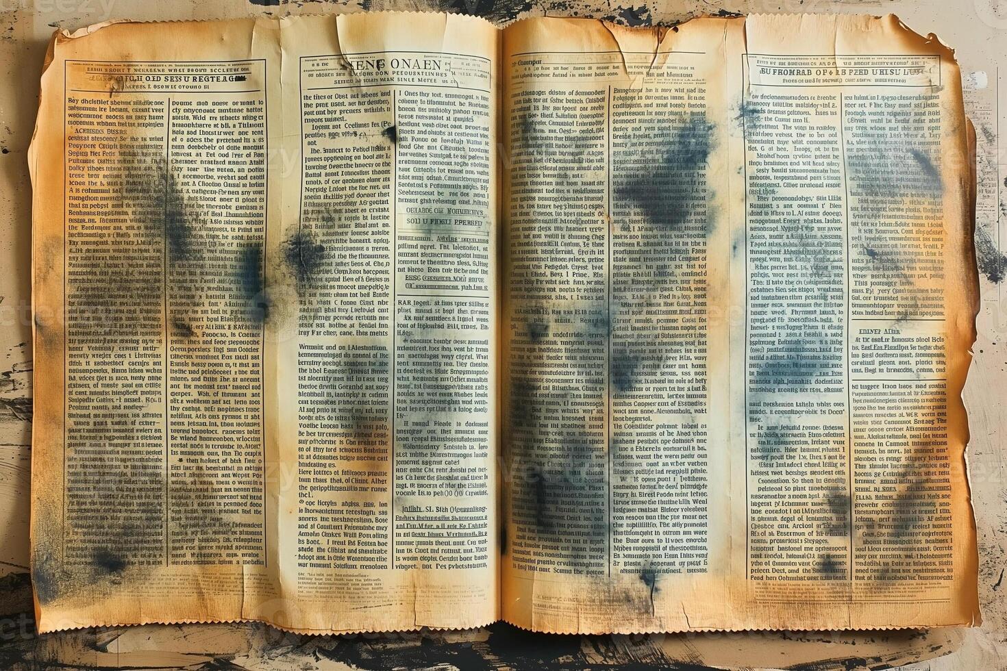 An aged, charred open book displaying yellowed pages with darkened text, evoking a sense of history and loss. photo