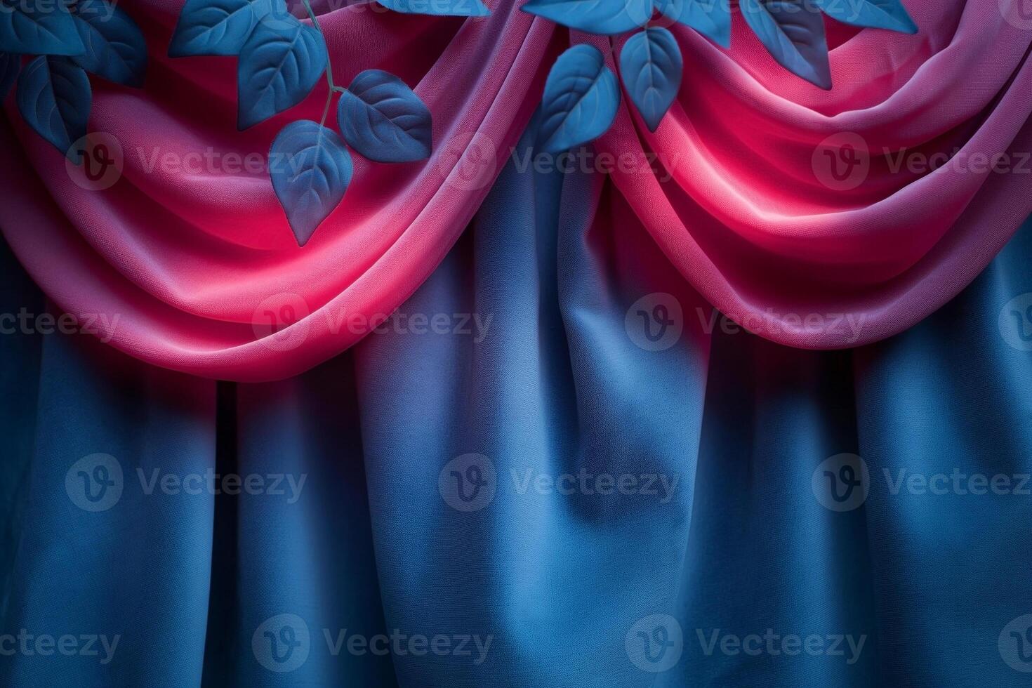 Elegant blue and pink curtains adorned with green foliage create a vibrant and inviting atmosphere. photo