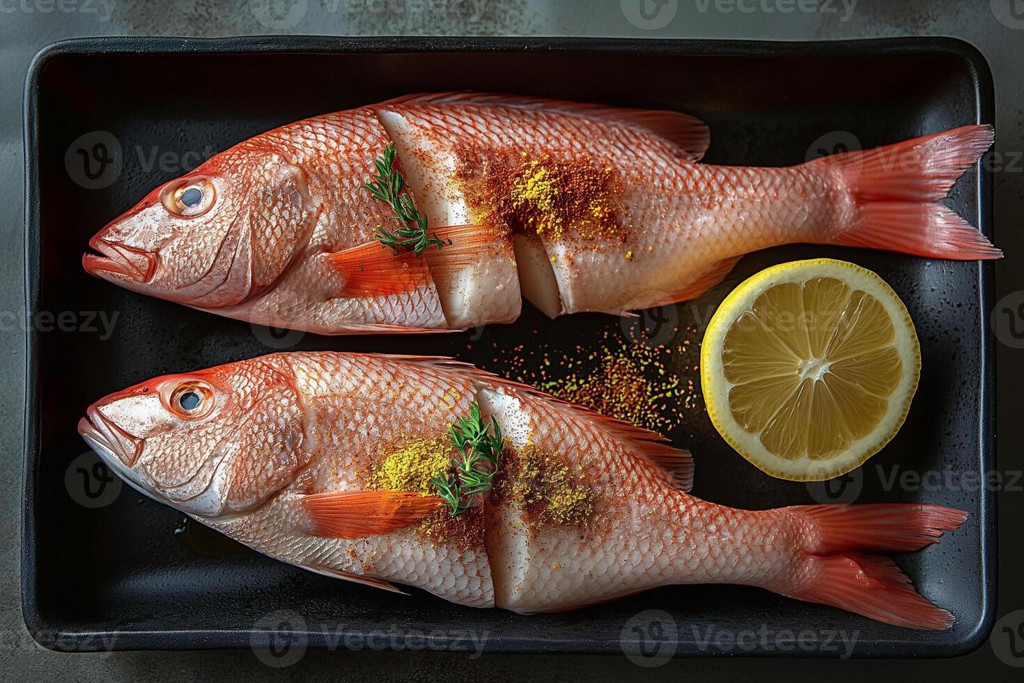 Two fresh red snapper fish prepared with spices and lemon slices on a black serving tray. photo