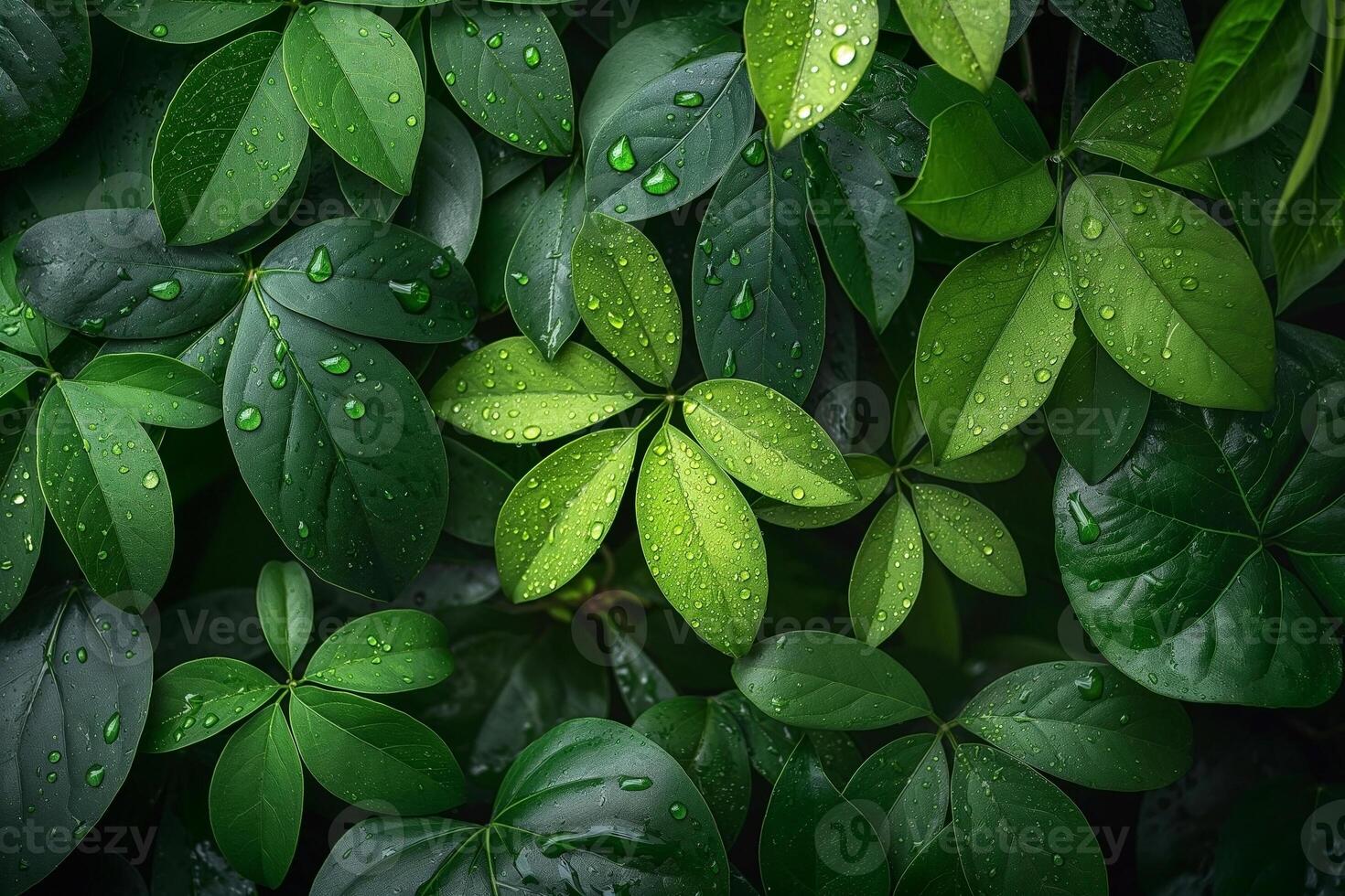 Lush green leaves glistening with water droplets, creating a vibrant natural backdrop. photo